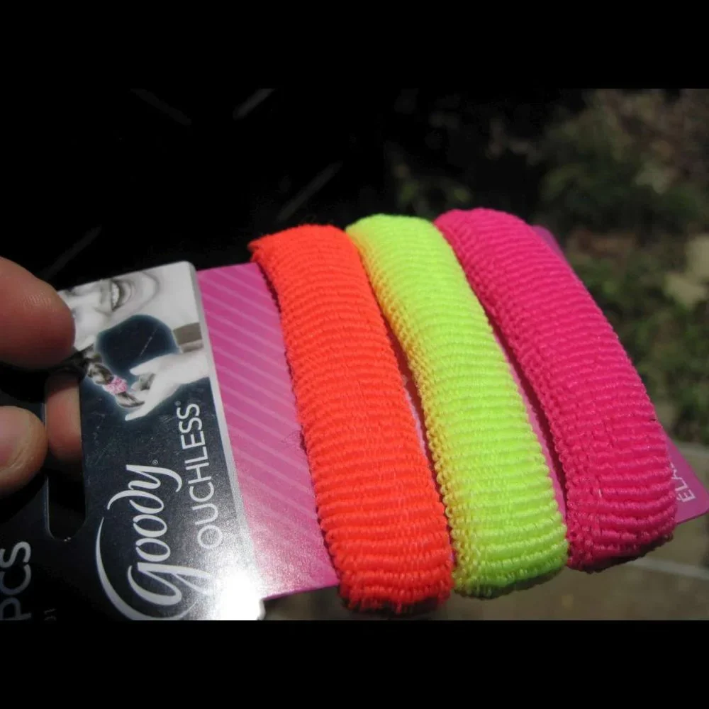 3 Goody Ouchless Terry Fabric Elastic Hair Bands Neon Bright Orange Yellow Pink